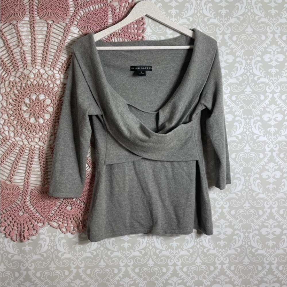 Ralph Lauren Black Label Cross Front Wrap Quarter Sleeve Sweater Grey XL…  